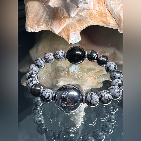 (JOEHANNA) TERAHERTZ + SNOW OBSIDIAN NATURAL STONES  BRACELET size 7” - Picture 4 of 10